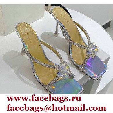 Mach & Mach Heel 9.5cm Crystal and Rose Flower Mules Silver 2022 - Click Image to Close